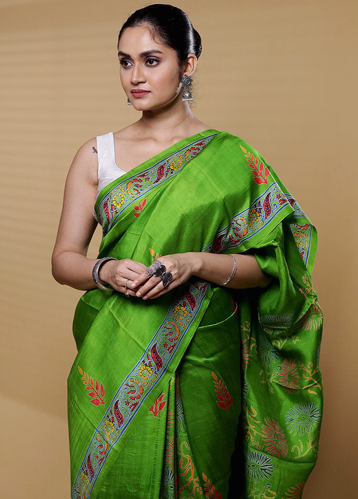 Green Printed Pure Silk Saree Without Blouse Piece