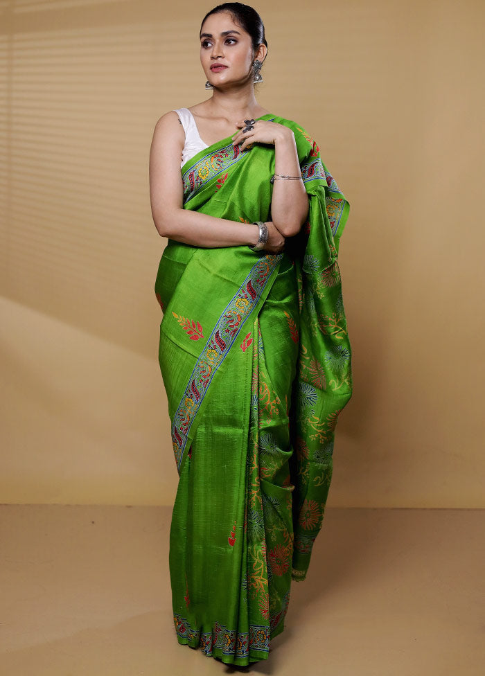 Green Printed Pure Silk Saree Without Blouse Piece