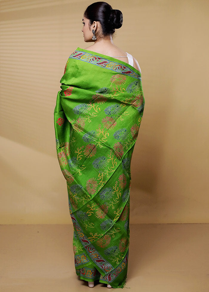 Green Printed Pure Silk Saree Without Blouse Piece