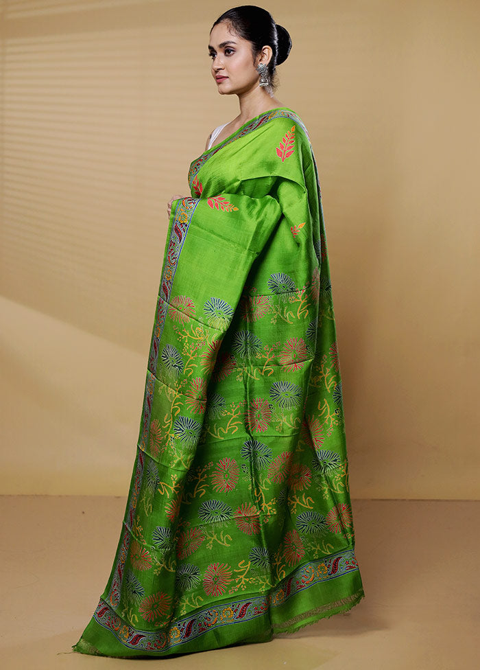 Green Printed Pure Silk Saree Without Blouse Piece