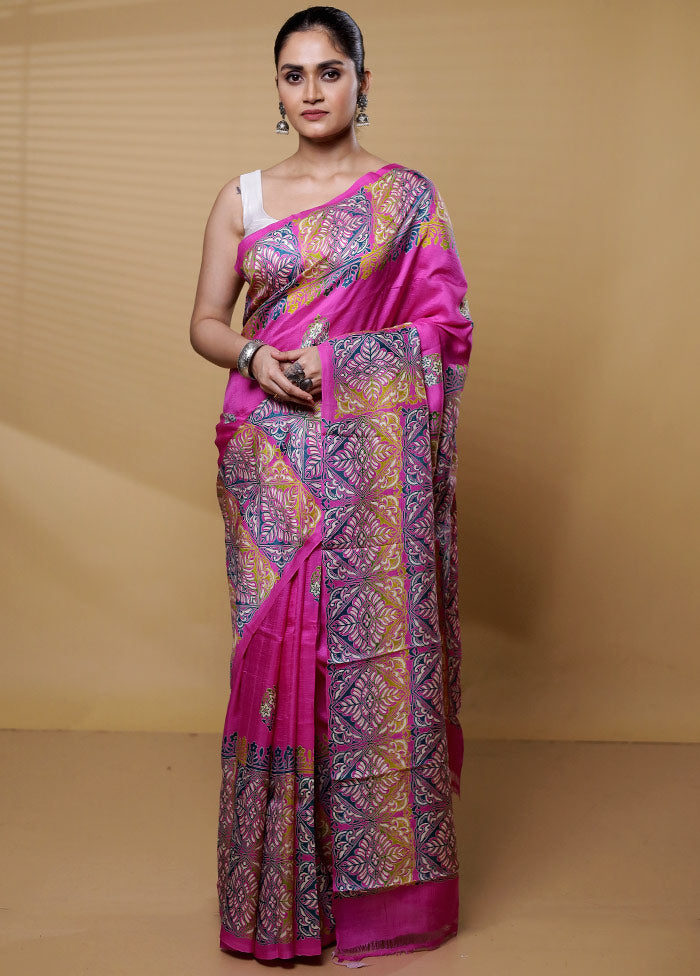 Pink Printed Pure Silk Saree Without Blouse Piece