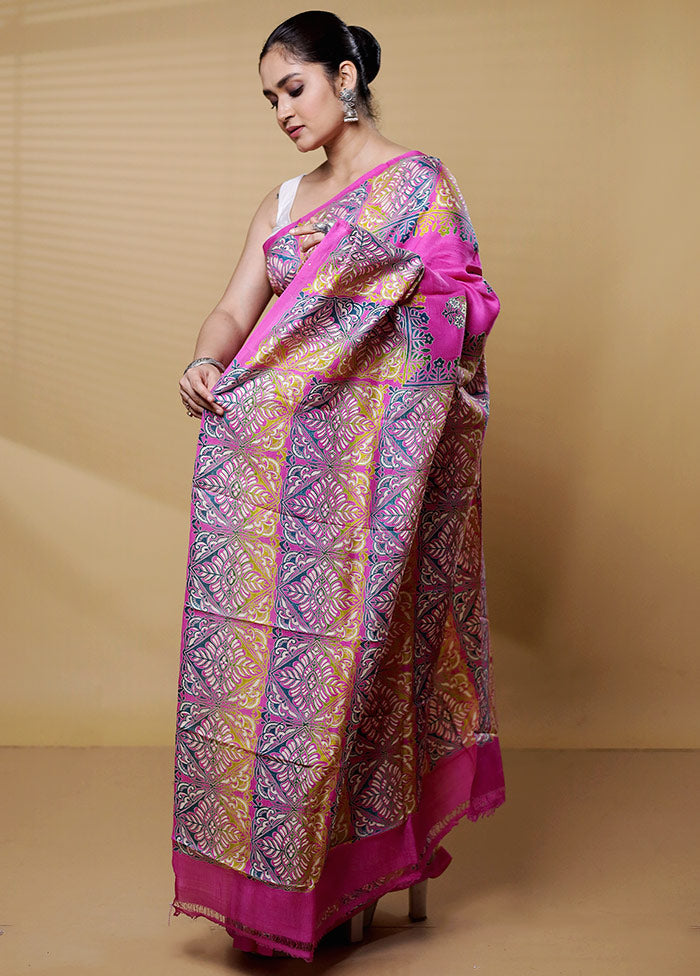 Pink Printed Pure Silk Saree Without Blouse Piece