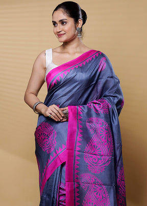 Grey Printed Pure Silk Saree Without Blouse Piece