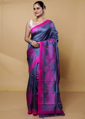 Grey Printed Pure Silk Saree Without Blouse Piece