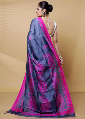 Grey Printed Pure Silk Saree Without Blouse Piece