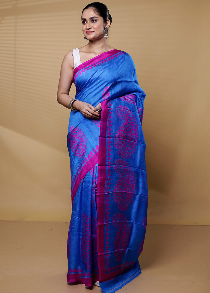 Blue Printed Pure Silk Saree Without Blouse Piece