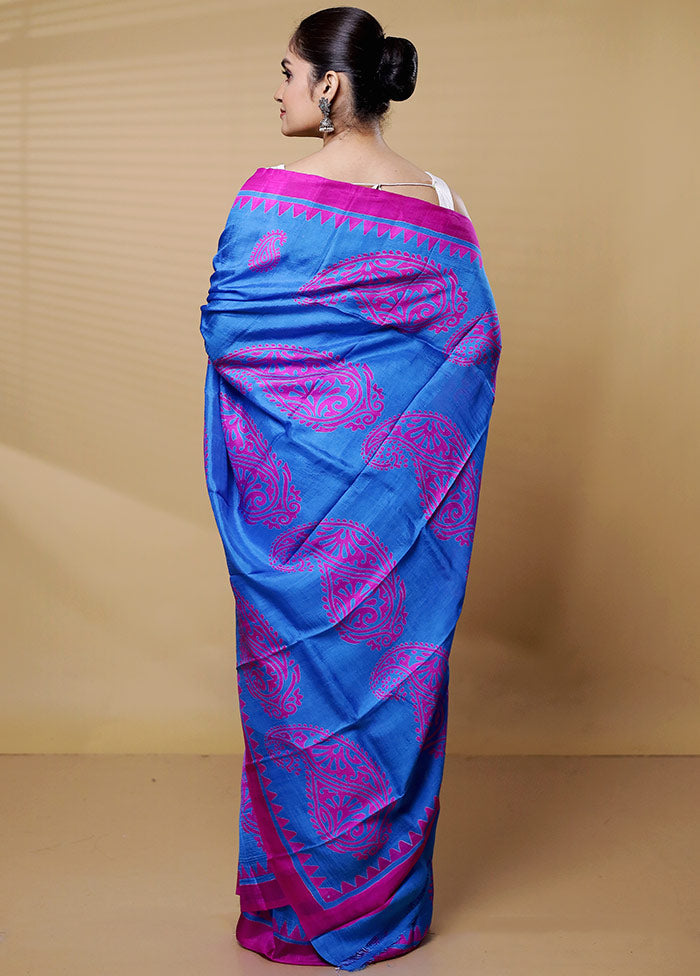 Blue Printed Pure Silk Saree Without Blouse Piece