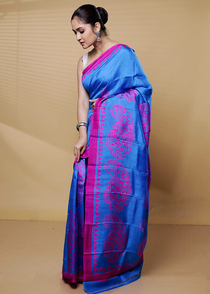 Blue Printed Pure Silk Saree Without Blouse Piece