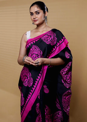 Black Printed Pure Silk Saree Without Blouse Piece