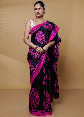 Black Printed Pure Silk Saree Without Blouse Piece