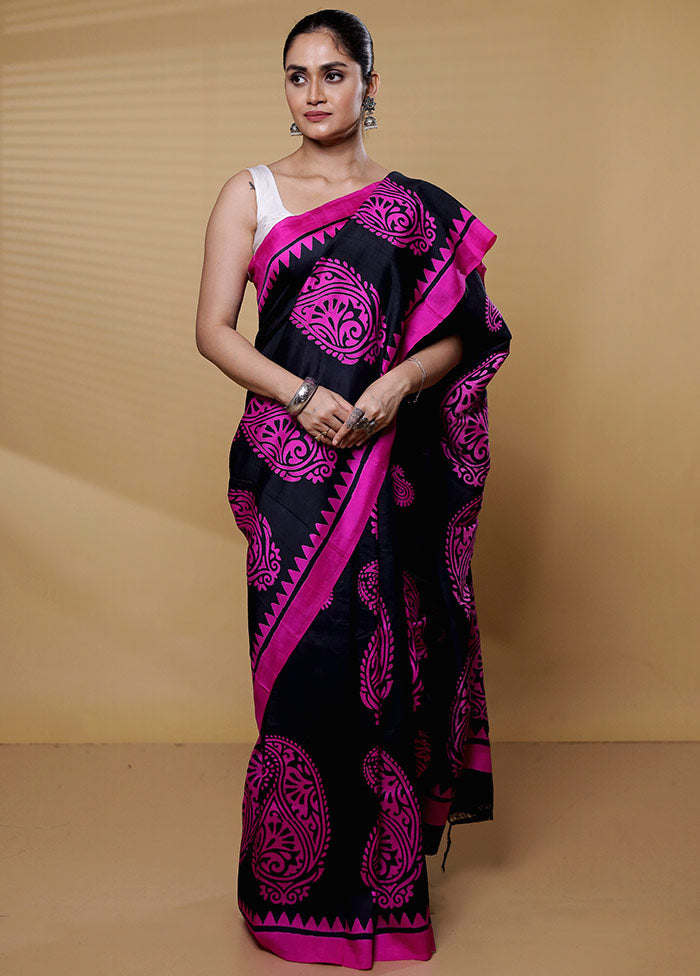 Black Printed Pure Silk Saree Without Blouse Piece