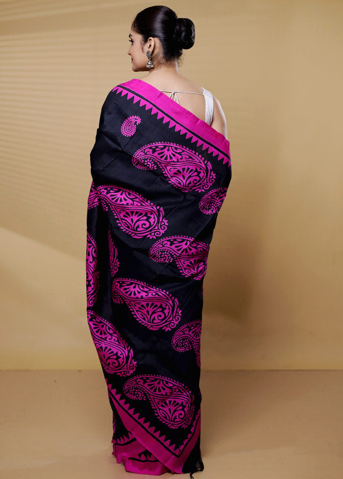 Black Printed Pure Silk Saree Without Blouse Piece