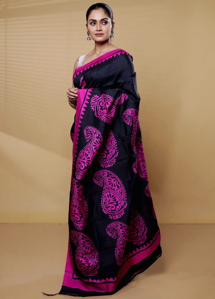 Black Printed Pure Silk Saree Without Blouse Piece