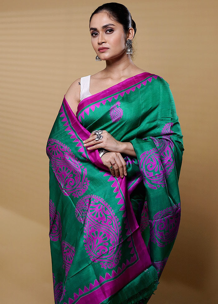 Green Printed Pure Silk Saree Without Blouse Piece