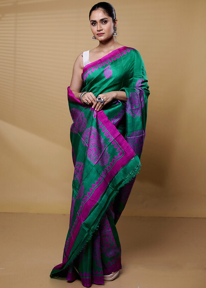 Green Printed Pure Silk Saree Without Blouse Piece