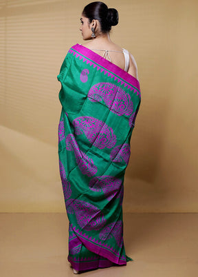 Green Printed Pure Silk Saree Without Blouse Piece