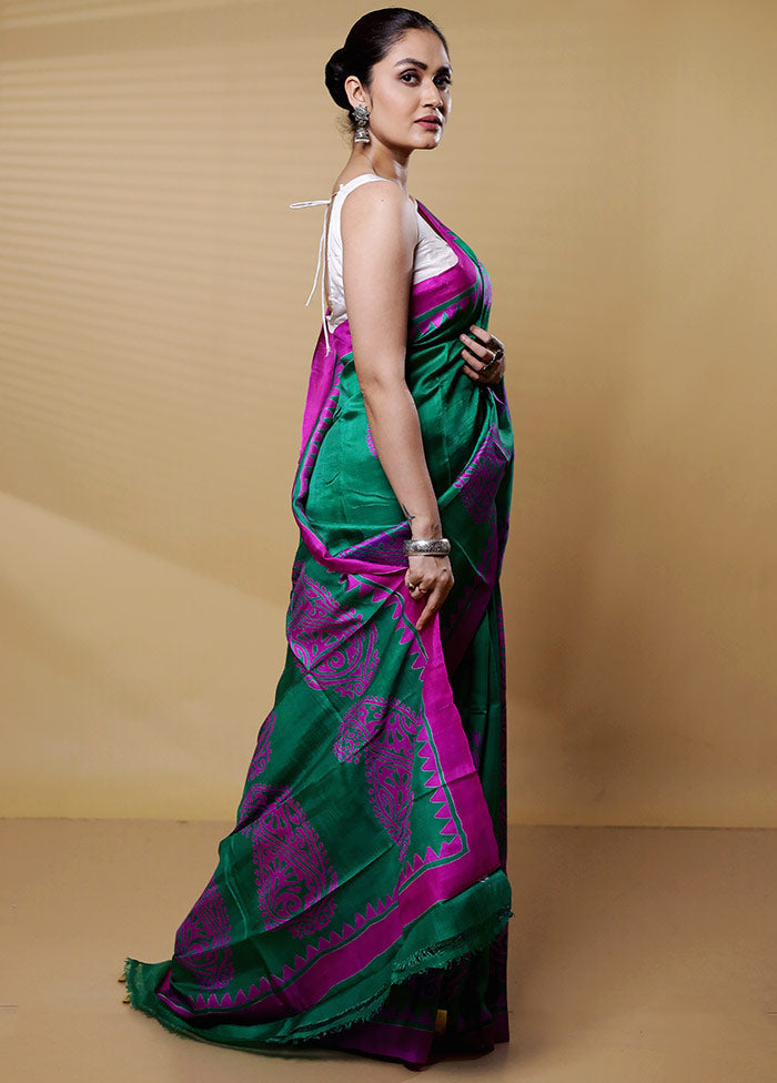 Green Printed Pure Silk Saree Without Blouse Piece