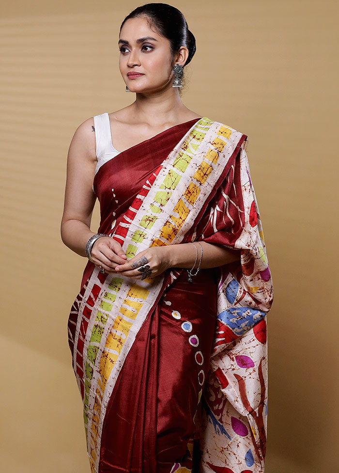 Maroon Printed Pure Silk Saree Without Blouse Piece