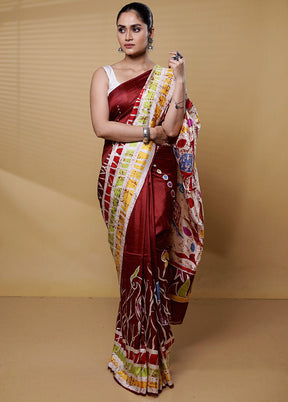 Maroon Printed Pure Silk Saree Without Blouse Piece