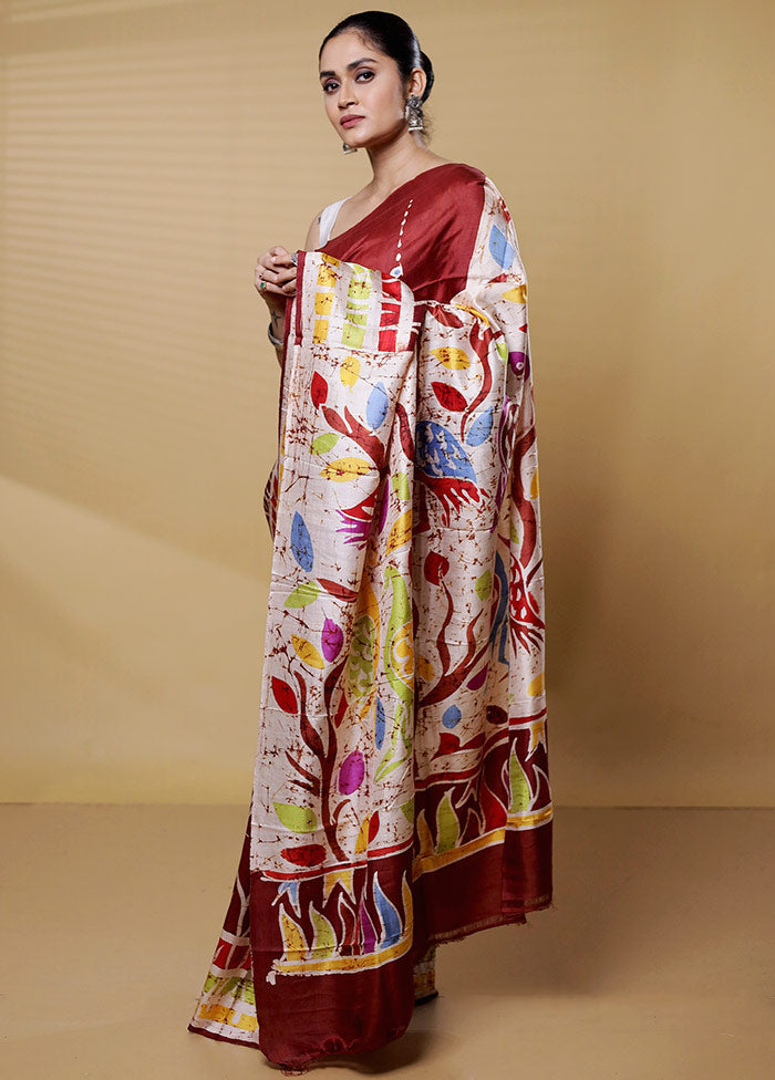 Maroon Printed Pure Silk Saree Without Blouse Piece