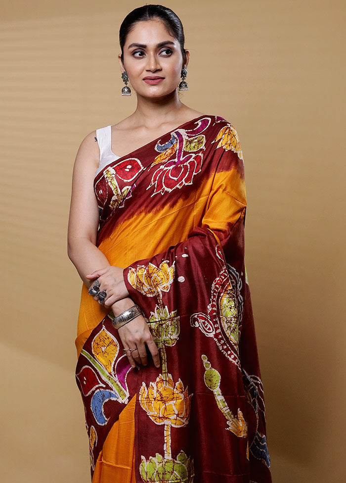 Yellow Printed Pure Silk Saree Without Blouse Piece