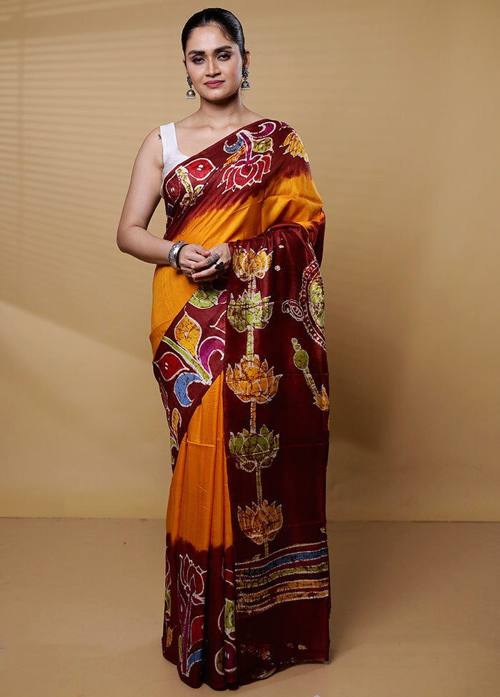 Yellow Printed Pure Silk Saree Without Blouse Piece