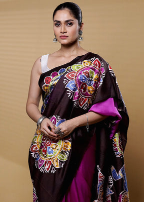 Purple Printed Pure Silk Saree Without Blouse Piece