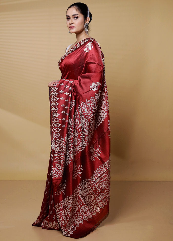 Maroon Pure Bishnupuri Silk Saree Without Blouse Piece