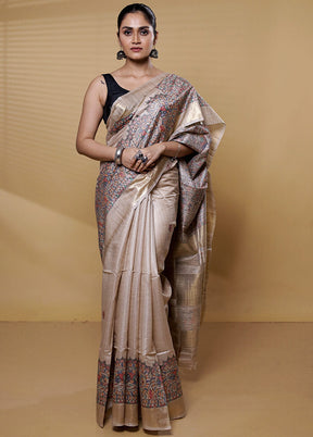 Cream Handloom Tussar Pure Silk Saree With Blouse Piece