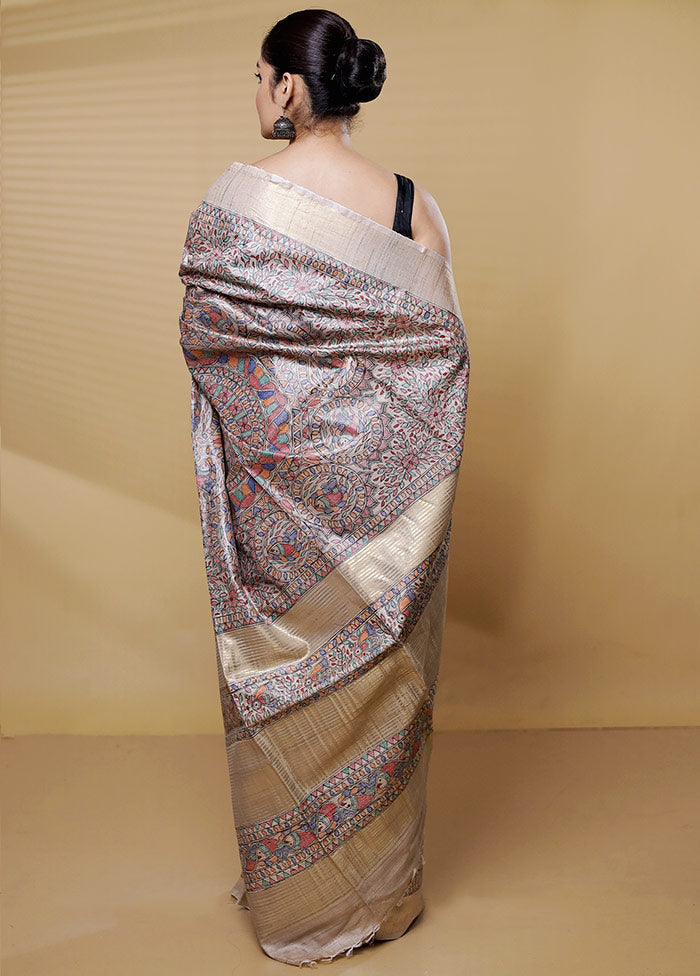 Cream Handloom Tussar Pure Silk Saree With Blouse Piece