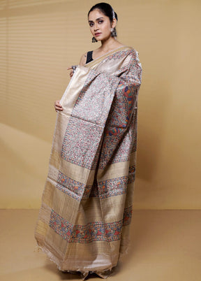 Cream Handloom Tussar Pure Silk Saree With Blouse Piece