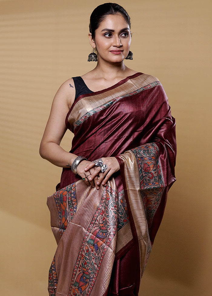 Maroon Handloom Tussar Pure Silk Saree With Blouse Piece