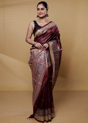 Maroon Handloom Tussar Pure Silk Saree With Blouse Piece