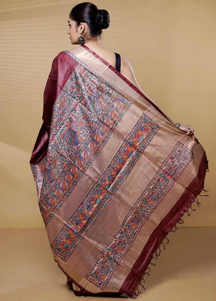 Maroon Handloom Tussar Pure Silk Saree With Blouse Piece