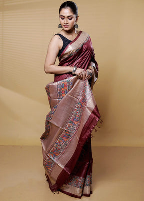 Maroon Handloom Tussar Pure Silk Saree With Blouse Piece