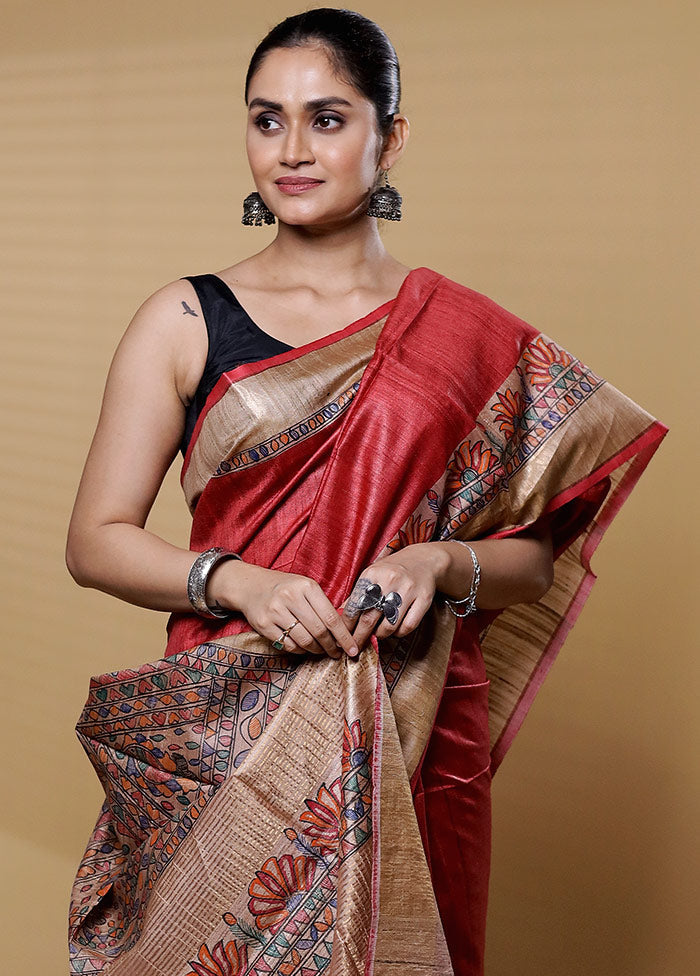 Red Handloom Tussar Pure Silk Saree With Blouse Piece