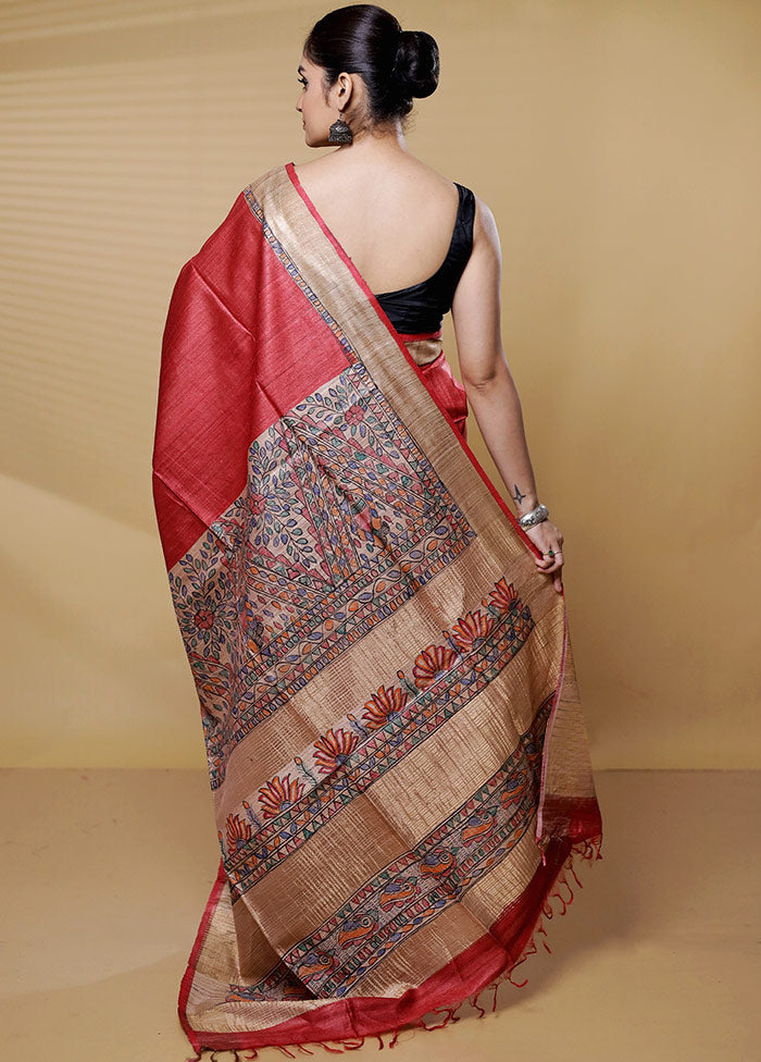 Red Handloom Tussar Pure Silk Saree With Blouse Piece