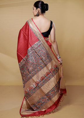 Red Handloom Tussar Pure Silk Saree With Blouse Piece