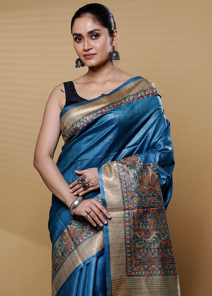 Blue Handloom Tussar Pure Silk Saree With Blouse Piece