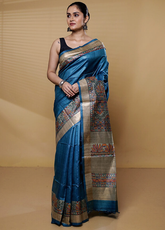 Blue Handloom Tussar Pure Silk Saree With Blouse Piece