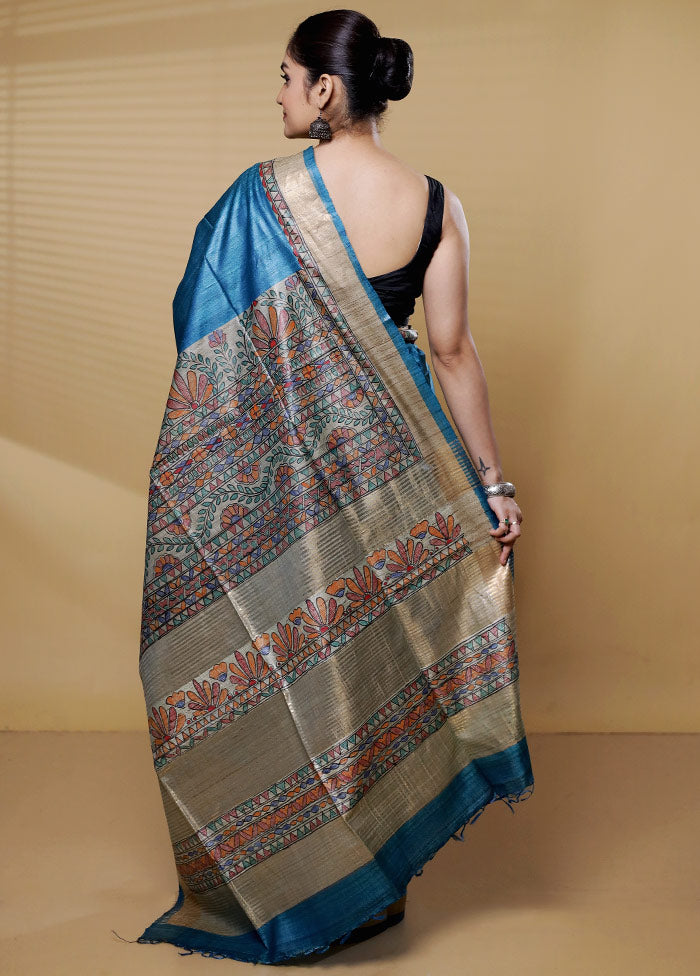 Blue Handloom Tussar Pure Silk Saree With Blouse Piece