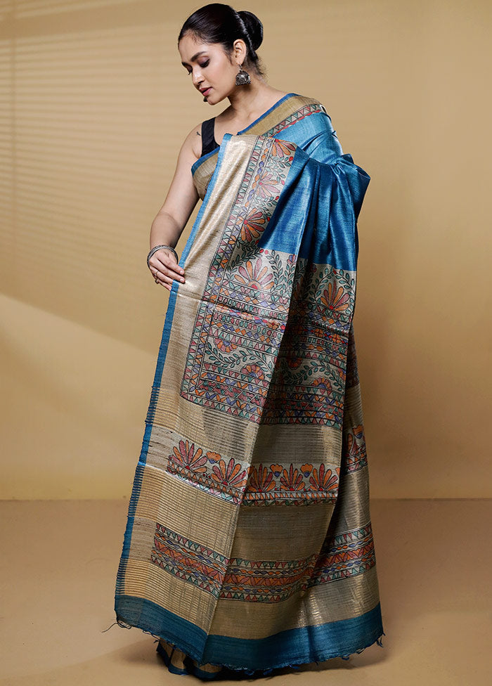 Blue Handloom Tussar Pure Silk Saree With Blouse Piece