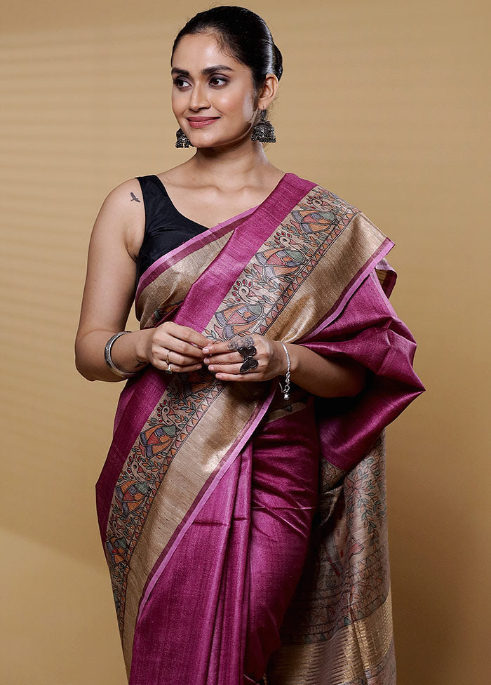 Purple Handloom Tussar Pure Silk Saree With Blouse Piece