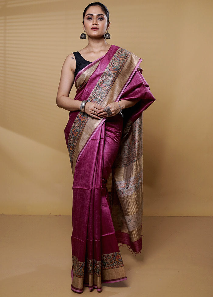 Purple Handloom Tussar Pure Silk Saree With Blouse Piece