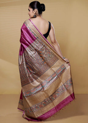 Purple Handloom Tussar Pure Silk Saree With Blouse Piece