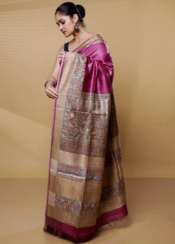 Purple Handloom Tussar Pure Silk Saree With Blouse Piece