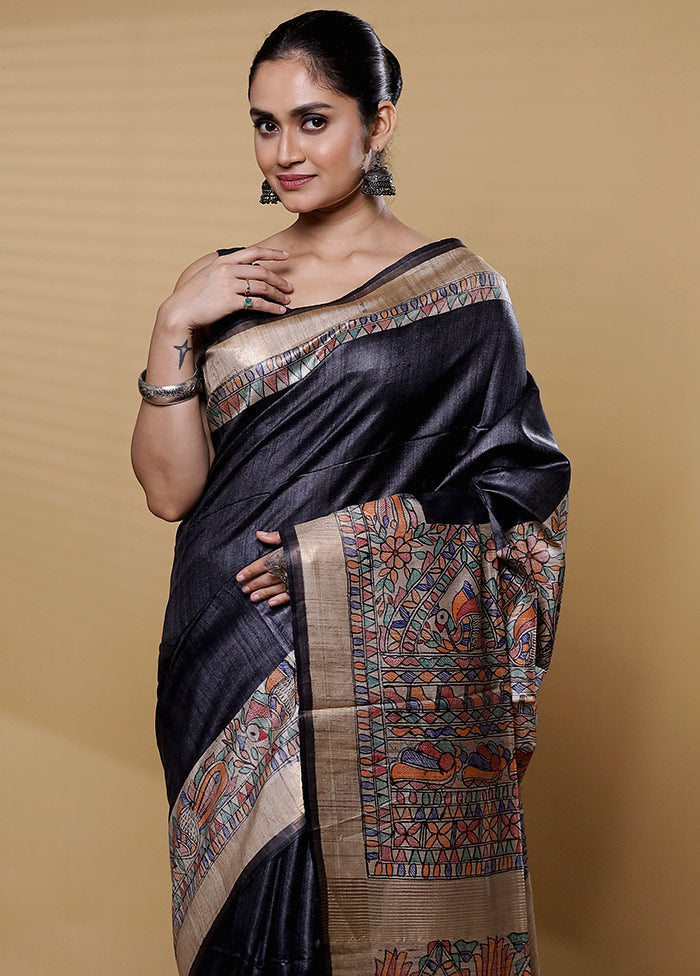 Black Handloom Tussar Pure Silk Saree With Blouse Piece