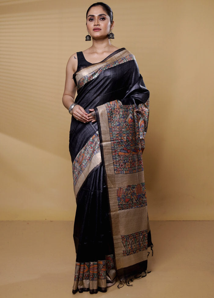 Black Handloom Tussar Pure Silk Saree With Blouse Piece