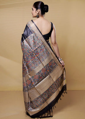 Black Handloom Tussar Pure Silk Saree With Blouse Piece