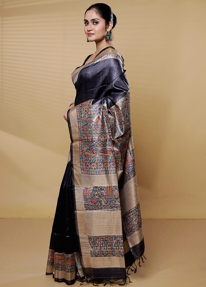 Black Handloom Tussar Pure Silk Saree With Blouse Piece